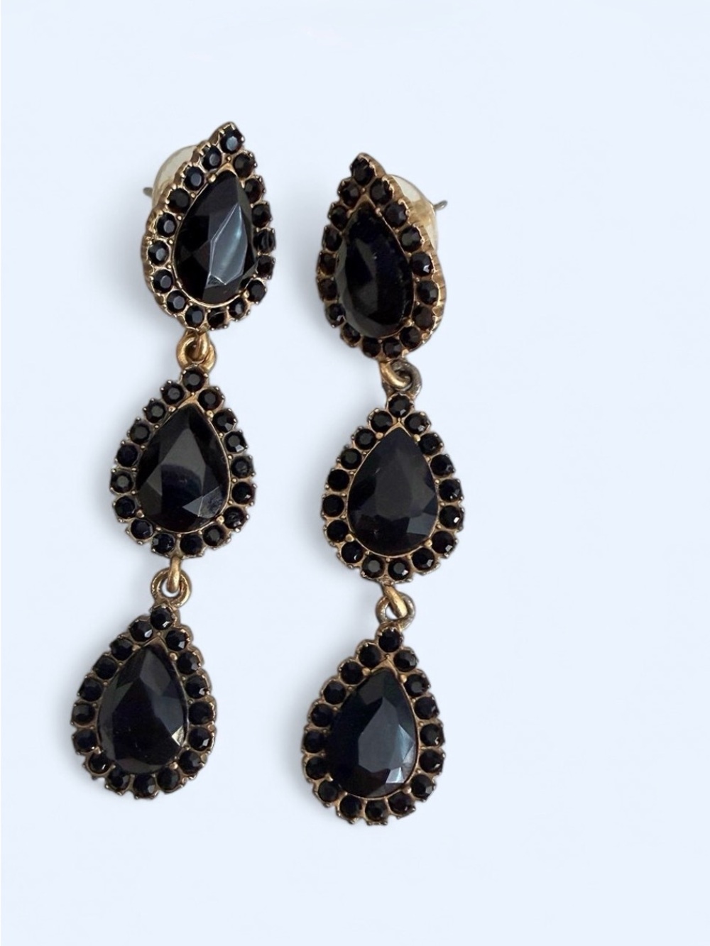 Loren Hope Triple Teardrop Onyx Faceted Crystal Signed Earrings